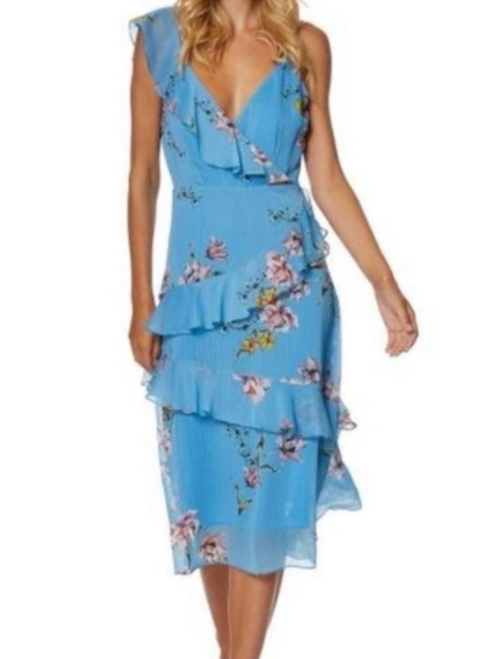 NWT Avec Les Filles Floral Cascading Ruffle Midi Dress